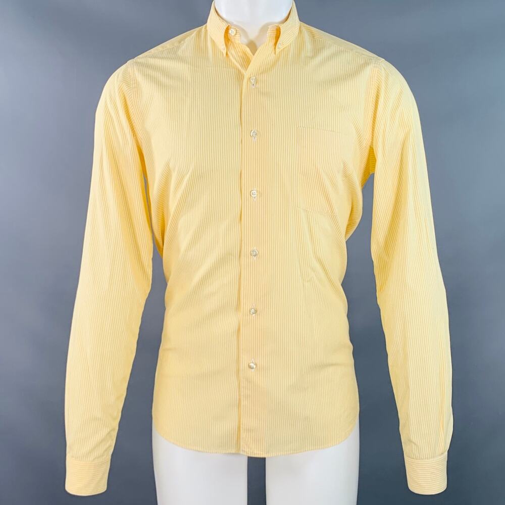 STEVEN ALAN S Yellow White Stripe Cotton Button Down Collar Long Sleeve Shirt